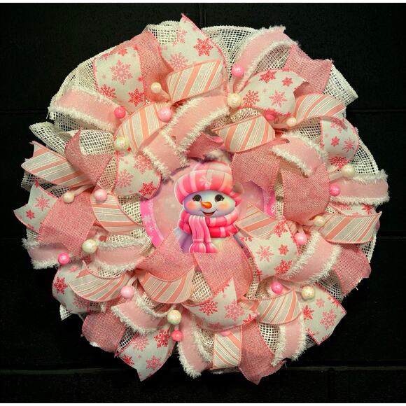 Snowman Wreath, Winter Christmas, Pink and White 22 Inch Deco mesh - Picture 1 of 5
